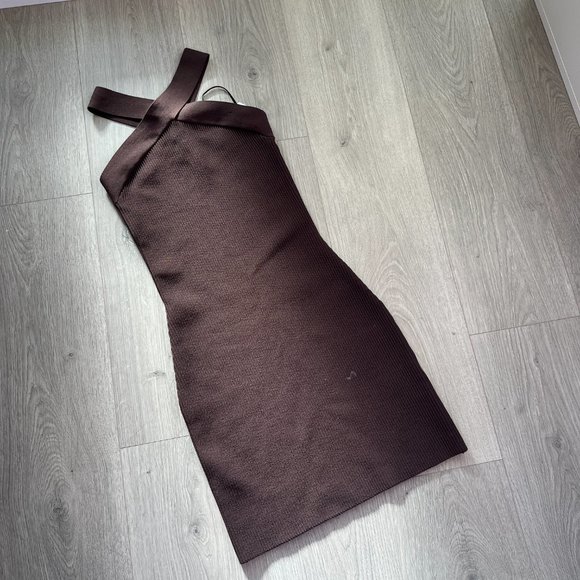 Babaton Sculpt Knit Criss Cross Dress in Rich Mocha Brown - Picture 3 of 6